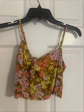 Billabong Olive Floral Tie-Front Spaghetti Strap Crop